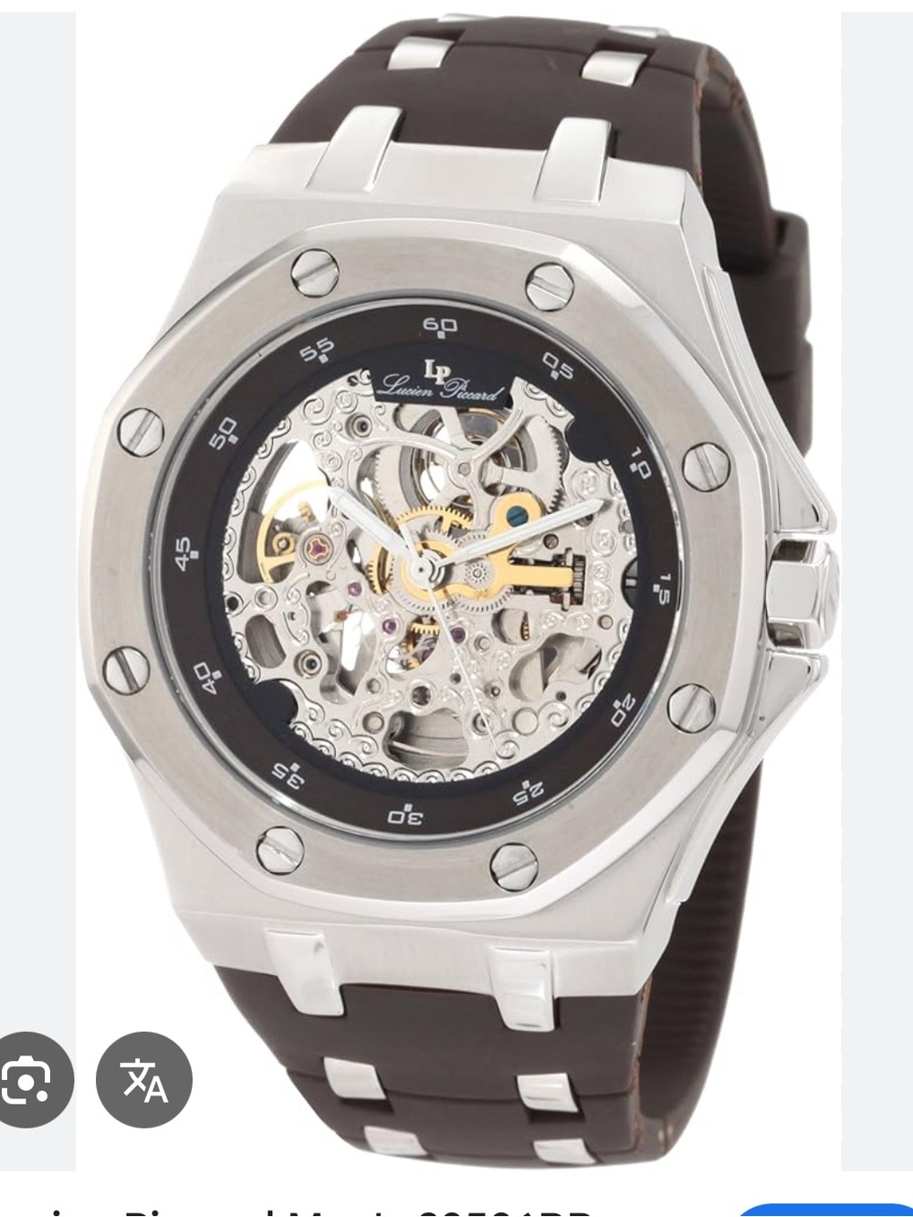 Lucien Piccard Men’s 28586BR Skeleton Watch with Brown Rubber Band. Water resist